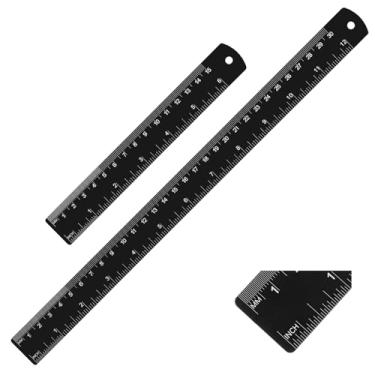 Imagem de Pacote com 2 réguas de metal preto, réguas de aço inoxidável de 30 cm e 15 cm com centímetros de milímetros e mesa de conversão para elaboração de geometria de esboço de escritório escolar