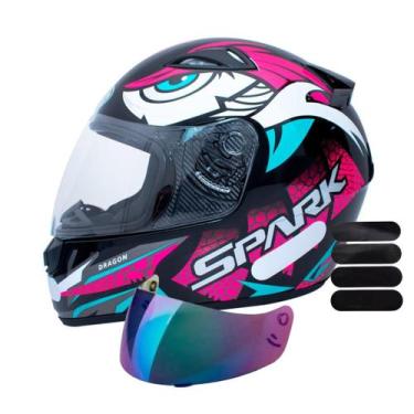 Imagem de Capacete Ebf Spark Dragon Preto Rosa Mais Viseira Camaleão e Adesivo P