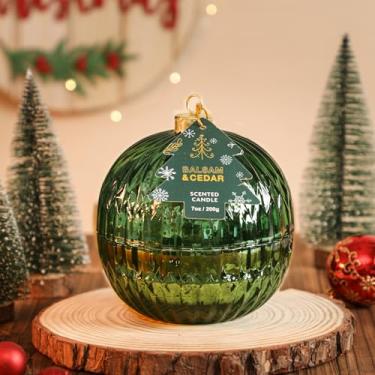 Imagem de Vela de bola de enfeite de Natal, vela perfumada de bálsamo e cedro, decoração de bola de vidro verde, presente de Natal, centro de mesa de Natal
