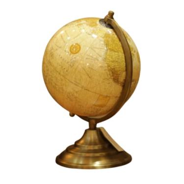 Imagem de Globo Terrestre Decorativo Mapa Antigo Base em Metal Dourado Envelhecido Bege Estilo Vintage Decoração para Escritórios e Salas 24x34cm