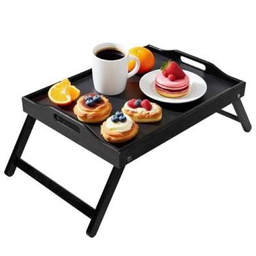 Imagem de WAAYAA Bandeja de cama de bambu com pernas e alças dobráveis - Mesa de café da manhã portátil, servindo comer, trabalhar e mesa de laptop para cama e sofá - preta