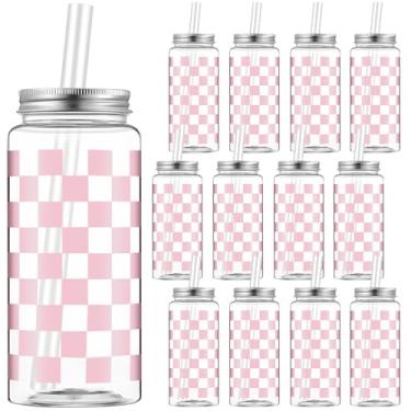 Imagem de Patelai Pacote com 12 copos guingão rosa claro 382 g copos de plástico xadrez rosa transparente com tampa e canudo copo xadrez de plástico reutilizável para chá de bebê, casamento, aniversário
