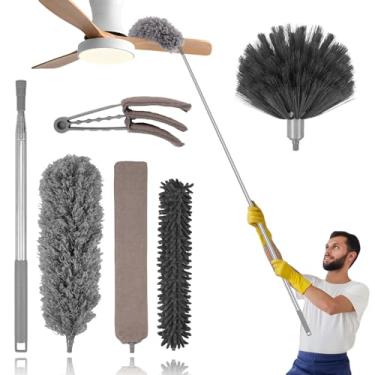 Imagem de Kit de limpeza de 6 peças com cabo longo de extensão, espanador de penas dobrável, limpador de espanador de lacunas destacáveis, espanadores substituíveis laváveis de microfibra de chenille espanador