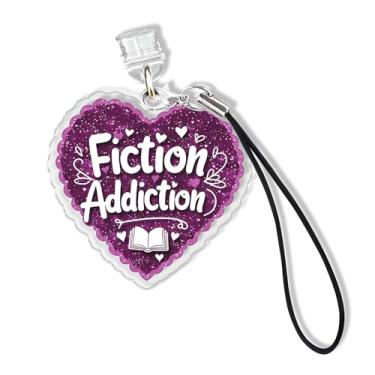 Imagem de Amuletos Kindle Fiction Addiction, berloque de plugue de poeira de 3,8 cm com citação de livro engraçado, leitura, romantismo, relâmpago/tipo C, porta de carregamento com alça material acrílico