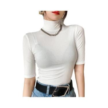 Imagem de Camiseta Branca Feminina Casual - Algodão, Gola Alta e Manga Curta, BR