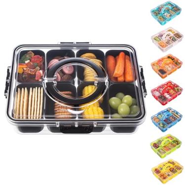 Imagem de Bandeja de servir dividida com tampa e alça – recipiente de charcutaria para lanche portátil organizador de pratos para doces, frutas, nozes, lanches – perfeito para festas, entretenimento, preto
