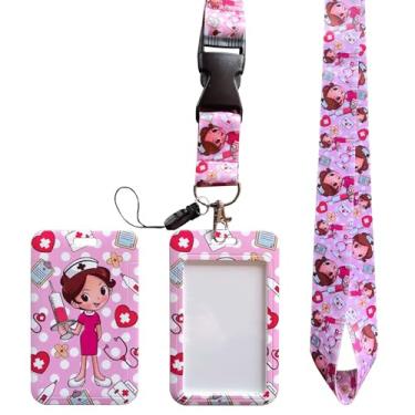 Imagem de Porta-crachá de identificação de rosto de enfermeira de desenho fofo com cordão, cordões de presentes de enfermeira, chaveiro, etiqueta de nome, protetor de cartão de identificação, aluno, professor