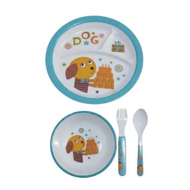 Imagem de Kit Refeição Infantil 4 Peças em Melamina – Prato com Divisórias + Bowl + Garfo + Colher | Rosa e Azul | Colorido, Resistente e Seguro (Azul)