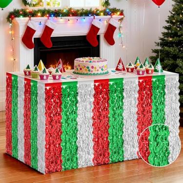 Imagem de Saia de mesa de Natal, pacote com 2 saias de mesa vermelhas, prateadas, verdes, decorações de festa, saias de mesa onduladas metálicas com franjas, saia de cortina de mesa de grama para pano de fundo