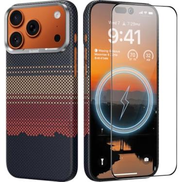 Imagem de memumi Capa para celular 1-71 Pro Max fibra de aramida + protetor de tela de vidro temperado, compatível com Mag Safe para telefone 1-71 Pro Max Slim capa em design de fibra de carbono, raios do sol