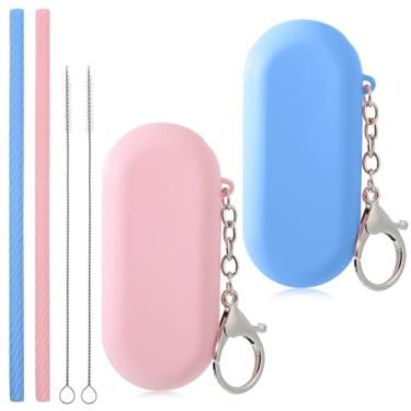 Imagem de 2 conjuntos de canudos reutilizáveis de silicone com estojo, canudo portátil de viagem com 2 escovas de limpeza, canudos dobráveis para festa de viagem, navio de cruzeiro (rosa e azul)