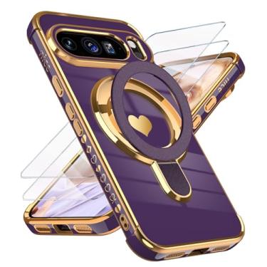 Imagem de Liufcx Capa para Google Pixel 10 Pro XL Love Heart Kickstand com 2 protetores de tela: capa de proteção à prova de choque de TPU macia banhada a ouro de luxo para Pixel 10 Pro XL (roxo escuro)