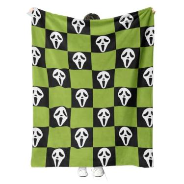 Imagem de Cobertor de rosto assustador de Halloween, padrão xadrez verde e branco, cobertores fantasmas de Halloween, presentes difusos para sofá e quarto (verde e preto, 203 x 152 cm)