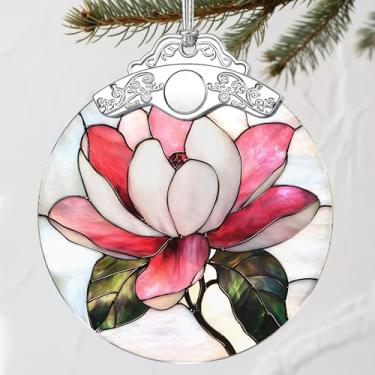 Imagem de Enfeite de Natal com flor de magnólia de vitral: enfeites e decoração de árvore de Natal, decoração de férias - presentes de férias, ideias de troca de presentes e lembrança elegante para família