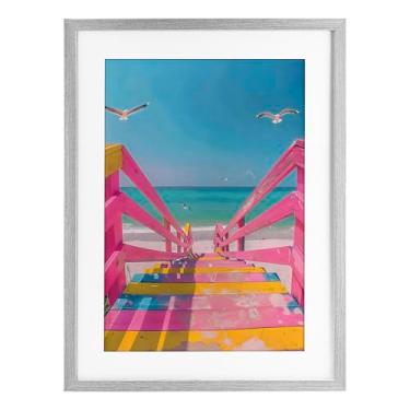 Imagem de Stupell Industries Impressão emoldurada retrô rosa para escadas de praia cinza sob vidro, design por LSR Design Studio, 50 x 35 cm