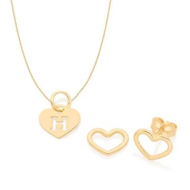 Imagem de Kit Rommanel Brinco Coração Colar 42cm Letra H Pra Presente