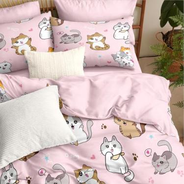 Imagem de CCoutueChen Jogo de cama casal de gato, estampa de gatinho rosa e 2 fronhas, 3 peças, edredom leve de microfibra confortável para decoração de quarto