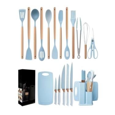 Imagem de Kit Completo Jogo Utensílios de Cozinha Luxo 19 Peças Com Tábua em Silicone PEQUENO(Azul bebê)