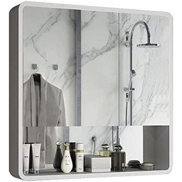 Imagem de AKALNNB Armário de espelho de banheiro com armários de parede para armário de banheiro montado na parede com espelho com portas duplas de espelho de aço inoxidável polido