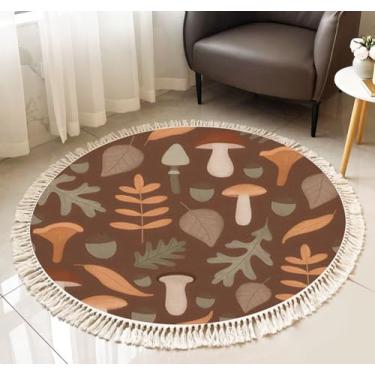 Imagem de Tapete redondo de franja sem costura outono padrão outono sem costura padrão cogumelos folhas boho tapete de linho tecido à mão pátio corredor tapete decoração de casa sala de estar mesa de banheiro