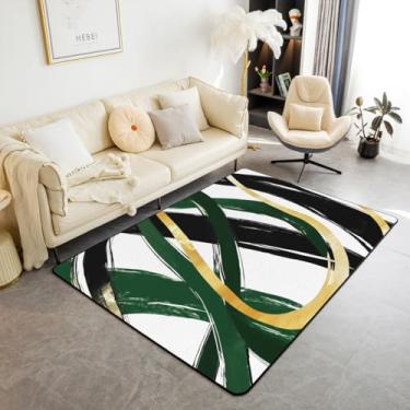 Imagem de Tapete de área infantil de retalhos de linhas abstratas, arte geométrica listrada, tapete de entrada para meninas e meninos, tapete antiderrapante geométrico moderno, moderno, amarelo, verde, chique