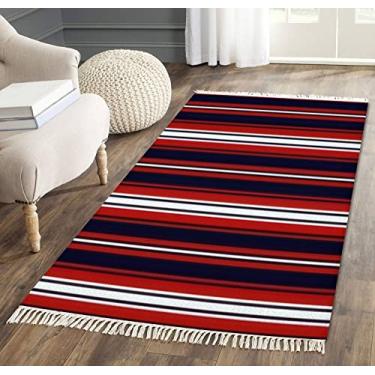 Imagem de Tapete de área com borla, listrado, sem costura, vermelho, azul marinho, branco, cores verticais, listras paralelas, tecido com franja, tapete de chão, pátio, corredor, tapete minimalista, decoração