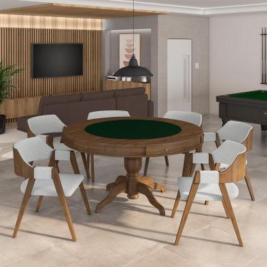 Imagem de Conjunto Mesa de Jogos Carteado Bellagio Tampo Reversível Verde e 6 Cadeiras Madeira Poker Base Estrela Linho Cinza/Nogueira G42 - Gran Belo