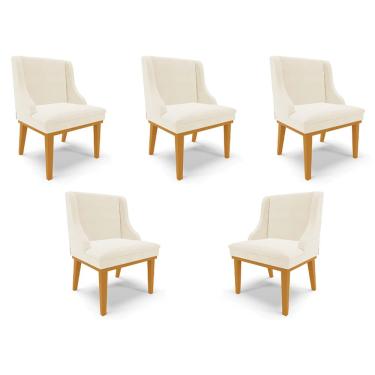 Imagem de Kit 5 Cadeiras Decorativas Sala de Jantar Base Fixa de Madeira Firenze Veludo Bege/Castanho G19 - Gran Belo