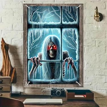 Imagem de BlissYard Decoração de capa de janela de Halloween banner fantasma de esqueleto assustador pôster de janela assustador com olhos vermelhos cena de casa assombrada banners pano de fundo terror