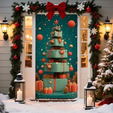 Imagem de BVBOX Capa de porta de Natal, capa de decoração de porta de boas-vindas, faixa decorativa de Natal para sala de aula em casa, decoração de Natal (árvore de Natal de presente, 89,9 cm x 179,8 cm)