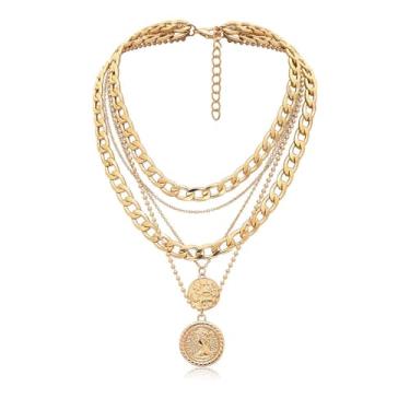 Imagem de Colar feminino boho com pingente de moedas douradas em camadas, colar de pirata, moedas grossas, borla, étnico, acessórios de fantasia cigana, Medium, Metal, Sem Pedra Preciosa