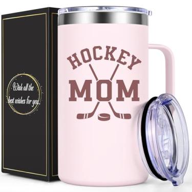 Imagem de Qtencas Presentes Hockey Mom, presentes de hóquei, presente de mãe de hóquei no gelo para mulheres, caneca de café isolada de aço inoxidável de 590 ml, presente de aniversário de Natal para equipes e