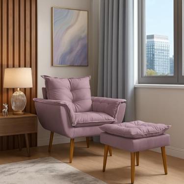 Imagem de Poltrona Decorativa com Puff, Estilo Moderno, Conjunto de Cadeira e Apoio para Pés, para Sala de Estar, Recepção, Quarto, Penteadeira e Closet (Lilás)