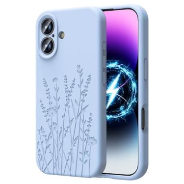 Imagem de OAOA Capa gravada magnética compatível com iPhone 17, compatível com Magsafe, proteção completa para câmera, capa fina de silicone líquido para mulheres e meninas, flor azul bebê
