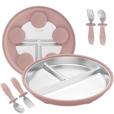 Imagem de 2 conjuntos de pratos de aço inoxidável para bebês com sucção e conjunto de utensílios, 23 cm de pratos de criança divididos, colher e garfo, mangas de silicone removíveis para crianças (2, rosa - 2