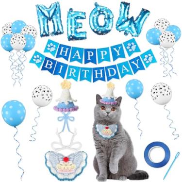 Imagem de Hahafelt 19 peças de suprimentos de festa de aniversário para gatos incluem chapéu de tricô babador de gatinho faixa de feliz aniversário, balões com estampa de pata de gato, balões de letras miau