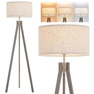 Imagem de ELYONA Luminária de chão de tripé de madeira Farmhouse, lâmpada de leitura moderna com 3 temperaturas de cor LED e sombra de linho natural, luz noturna para sala de estar, quarto, sala de estudo