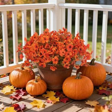 Imagem de ARVINKEY Plantas artificiais de outono falsas para decoração de jardim interno ao ar livre, 12 pacotes de mães de outono laranja de seda com folhas de eucalipto, plantas falsas para decoração de