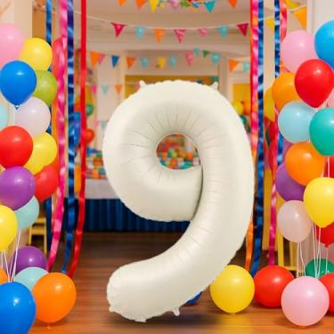 Imagem de Balão creme número 9 de 81 cm para decoração de 9º aniversário, balões autoinfláveis com número de folha de creme de 0 a 9, balão de hélio de areia branca para meninos, meninas, mulheres, homens