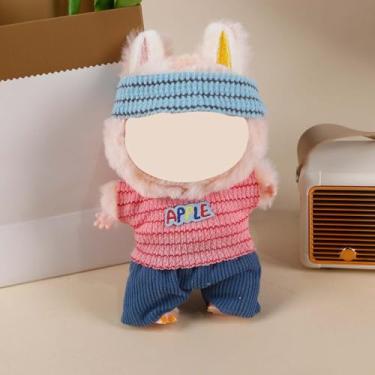 Imagem de Compatível com Labubu 15 cm/17 cm (não inclui boneca) - faixa de cabeça azul, blusa listrada rosa e conjunto de calça azul, acessórios de roupa de boneca