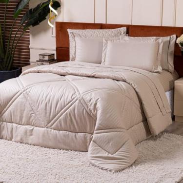 Imagem de Kit Edredom Cobertor CASAL 03 Peças Mônaco Fitado Percal Soft 300 Fios com Fronhas - Dupla Face Listrado Acetinado Brilhante Toque Macio Cheio Grosso (Caqui)