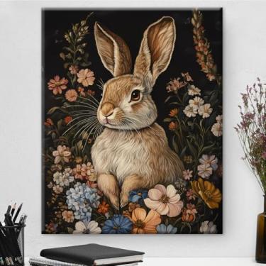 Imagem de Aesthetic Rabbit Floral Wall Art Decor Flowers Rabbit Cottagecore Canvas Print Poster Dark Academia Pintura Emoldurada Decoração de Parede para Decoração de Casa Fazenda 20 x 25 cm