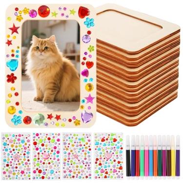 Imagem de Kit de 20 peças para pintura de porta-retratos para fotos de 4 x 6, molduras de madeira inacabadas DIY com 12 peças de caneta colorida de pintura, 4 folhas, adesivos de diamante de cristal para