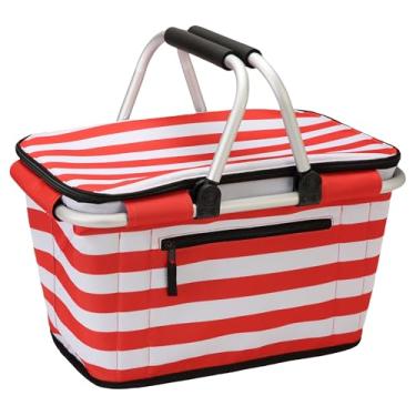 Imagem de SIYUAN Cesta de piquenique com alças 30L à prova de vazamento térmica térmica descascada supermercado sacola para família vermelho branco