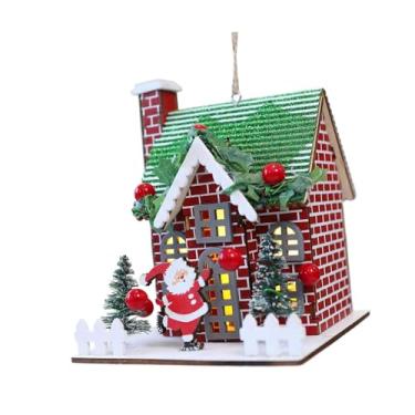 Imagem de Esquirla Enfeite de Natal em Madeira em Formato de Casinha, Brinquedo Infantil, Miniatura Clássica do Papai Noel para Parede, Lareira, Loja, Festa ou Vitrine, Tijolos Vermelhos