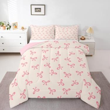 Imagem de Feelyou Conjunto de edredom com laço rosa, fofo, kawaii, para crianças, meninos, meninas, laço e nó de fita para decoração de quarto feminino, de microfibra, 3 peças com 2 fronhas