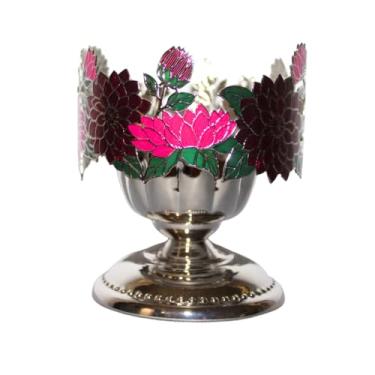 Imagem de Bath & Body Works Suporte de vela Dahlia de 3 pavios com suporte de pedestal – Design floral prateado e rosa para decoração de casa no outono