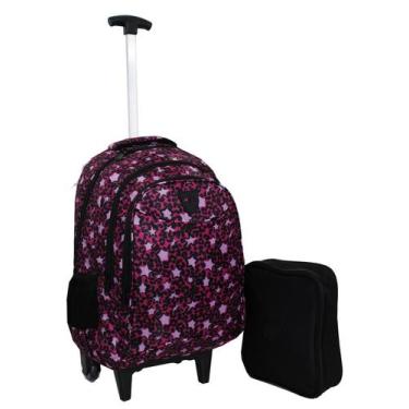 Imagem de Kit Mochila + Estojo Infantil Feminina Rodinhas Preta e Rosa DL0668 - 