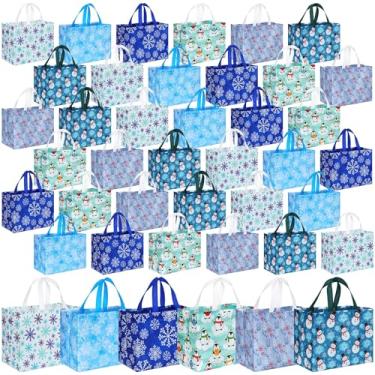 Imagem de Sanwuta 210 sacos de Natal a granel para presentes 32,5 x 25 x 17 cm, sacolas grandes de supermercado com alças, boneco de neve, azul, branco, floco de neve, reutilizável, não tecido, bolso para