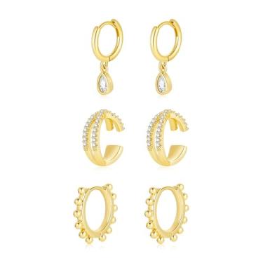 Imagem de Follome Conjunto de 3 brincos de argola pequenos dourados para 3 furos para mulheres, brincos de argola minúsculos para vários piercings, hipoalergênicos, mini argolas de aperto, Banhado a ouro 18k,